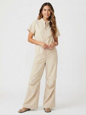 Fabletics Woven Flight Suit Jumpsuit Women Size M Beige Cinched Drawstring Waist